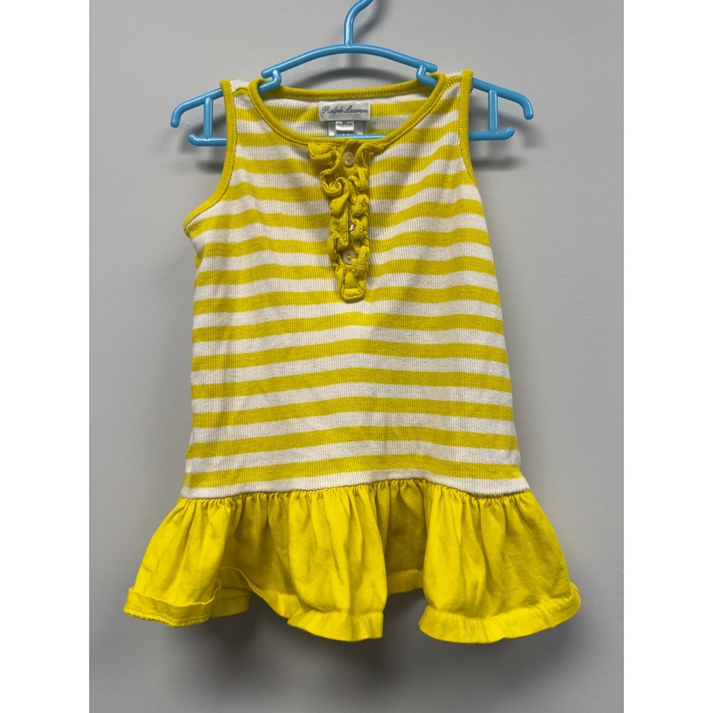 Ralph Lauren Baby Girls Yellow White Striped Ruffle Henley Peplum Dress 9M
